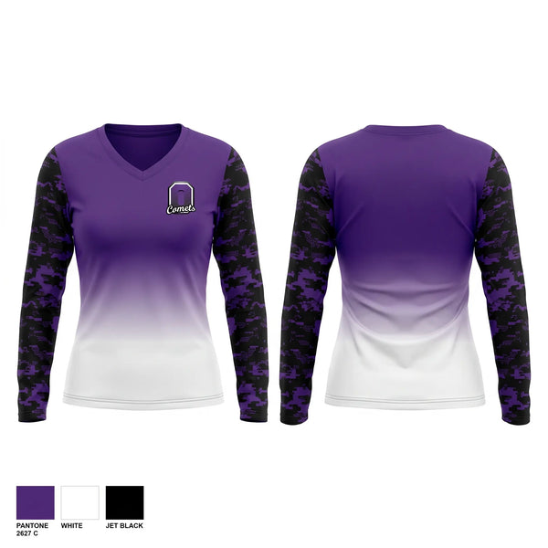 Womens Long Sleeve Vneck Shirt, Oakwood Comets, , Teamtime, Team time, sublimation, custom sports apparel, team uniforms, spirit wear, spiritwear, sports uniforms, custom shirts, team store, custom team store, fundraiser sports, apparel fundraiser