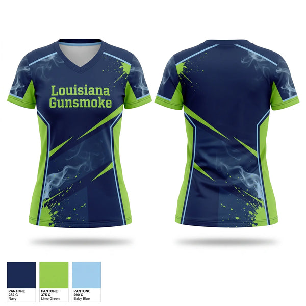 Womens Short Sleeve Vneck Shirt, Louisiana Gunsmoke, Softball, Teamtime, Team time, sublimation, custom sports apparel, team uniforms, spirit wear, spiritwear, sports uniforms, custom shirts, team store, custom team store, fundraiser sports, apparel fundraiser