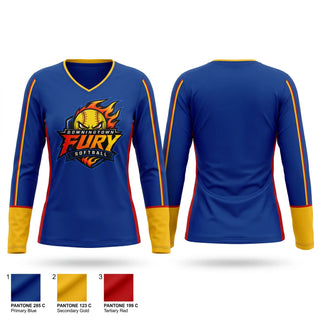 Womens Long Sleeve Vneck Shirt, Downingtown Fury, Softball, Teamtime, Team time, sublimation, custom sports apparel, team uniforms, spirit wear, spiritwear, sports uniforms, custom shirts, team store, custom team store, fundraiser sports, apparel fundraiser