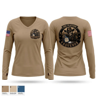 Womens Long Sleeve Vneck Shirt, 2nd Platoon Vaqueros, Army, Teamtime, Team time, sublimation, custom sports apparel, team uniforms, spirit wear, spiritwear, sports uniforms, custom shirts, team store, custom team store, fundraiser sports, apparel fundraiser