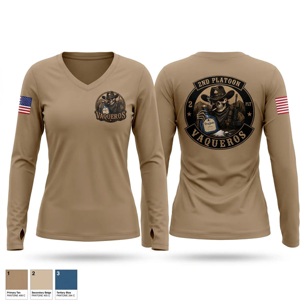 Womens Long Sleeve Vneck Shirt, 2nd Platoon Vaqueros, Army, Teamtime, Team time, sublimation, custom sports apparel, team uniforms, spirit wear, spiritwear, sports uniforms, custom shirts, team store, custom team store, fundraiser sports, apparel fundraiser