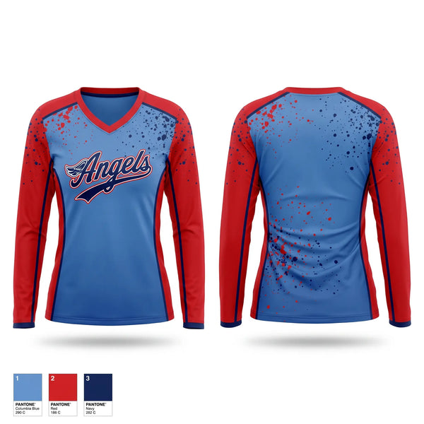 Womens Long Sleeve Vneck Shirt, Angels, Softball, Teamtime, Team time, sublimation, custom sports apparel, team uniforms, spirit wear, spiritwear, sports uniforms, custom shirts, team store, custom team store, fundraiser sports, apparel fundraiser