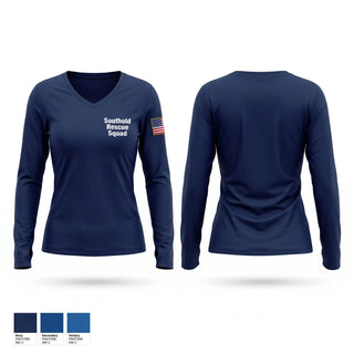 Womens Long Sleeve Vneck Shirt, Southold Rescue Squad, EMS/EMT, Teamtime, Team time, sublimation, custom sports apparel, team uniforms, spirit wear, spiritwear, sports uniforms, custom shirts, team store, custom team store, fundraiser sports, apparel fundraiser