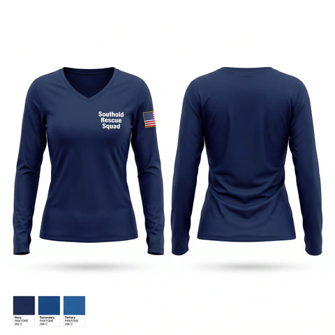 Womens Long Sleeve Vneck Shirt, Southold Rescue Squad, EMS/EMT, Teamtime, Team time, sublimation, custom sports apparel, team uniforms, spirit wear, spiritwear, sports uniforms, custom shirts, team store, custom team store, fundraiser sports, apparel fundraiser