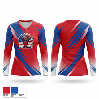 Womens Long Sleeve Vneck Shirt, Outlaws, Baseball, Teamtime, Team time, sublimation, custom sports apparel, team uniforms, spirit wear, spiritwear, sports uniforms, custom shirts, team store, custom team store, fundraiser sports, apparel fundraiser