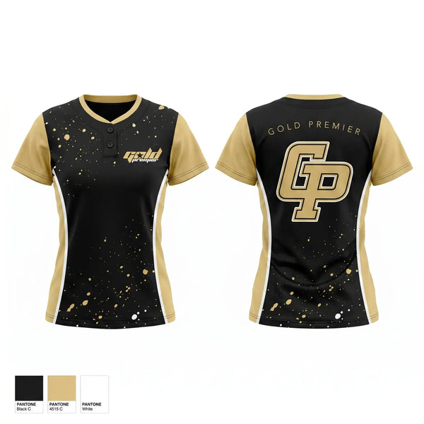 Two Button Softball Jersey, Gold Premier, Softball, Teamtime, Team time, sublimation, custom sports apparel, team uniforms, spirit wear, spiritwear, sports uniforms, custom shirts, team store, custom team store, fundraiser sports, apparel fundraiser