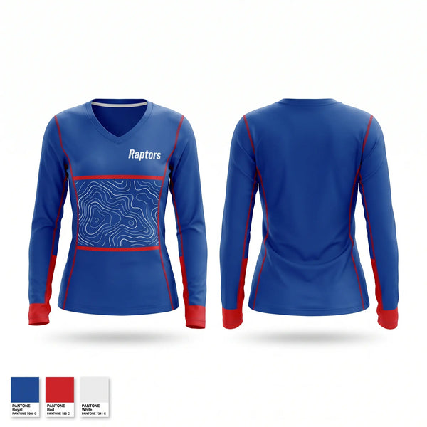 Womens Long Sleeve Vneck Shirt, Raptors, Baseball, Teamtime, Team time, sublimation, custom sports apparel, team uniforms, spirit wear, spiritwear, sports uniforms, custom shirts, team store, custom team store, fundraiser sports, apparel fundraiser