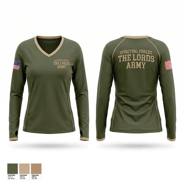 Womens Long Sleeve Vneck Shirt, Spiritual Forces The Lords Army, National Guard, Teamtime, Team time, sublimation, custom sports apparel, team uniforms, spirit wear, spiritwear, sports uniforms, custom shirts, team store, custom team store, fundraiser sports, apparel fundraiser