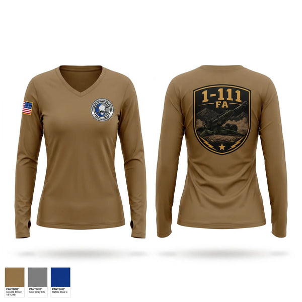 Womens Long Sleeve Vneck Shirt, 1-111FA C BTRY, Army, Teamtime, Team time, sublimation, custom sports apparel, team uniforms, spirit wear, spiritwear, sports uniforms, custom shirts, team store, custom team store, fundraiser sports, apparel fundraiser