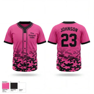 Two Button Softball Jersey, The Dugout Dolls, Softball, Teamtime, Team time, sublimation, custom sports apparel, team uniforms, spirit wear, spiritwear, sports uniforms, custom shirts, team store, custom team store, fundraiser sports, apparel fundraiser