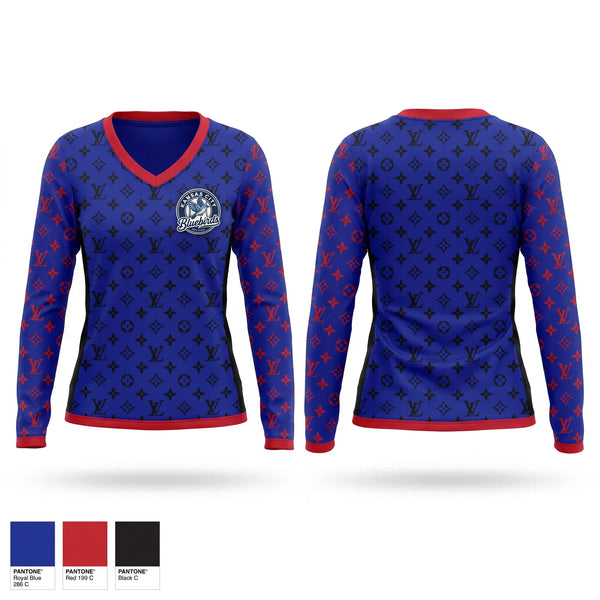 Womens Long Sleeve Vneck Shirt, Kansas City Bluebirds, Baseball, Teamtime, Team time, sublimation, custom sports apparel, team uniforms, spirit wear, spiritwear, sports uniforms, custom shirts, team store, custom team store, fundraiser sports, apparel fundraiser