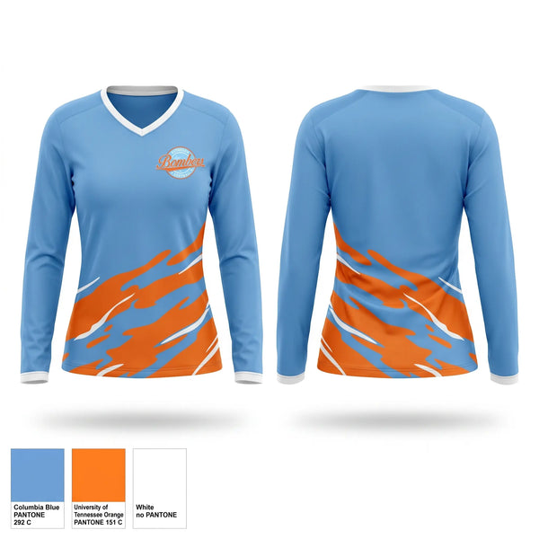 Womens Long Sleeve Vneck Shirt, Bethesda Bombers, Softball, Teamtime, Team time, sublimation, custom sports apparel, team uniforms, spirit wear, spiritwear, sports uniforms, custom shirts, team store, custom team store, fundraiser sports, apparel fundraiser