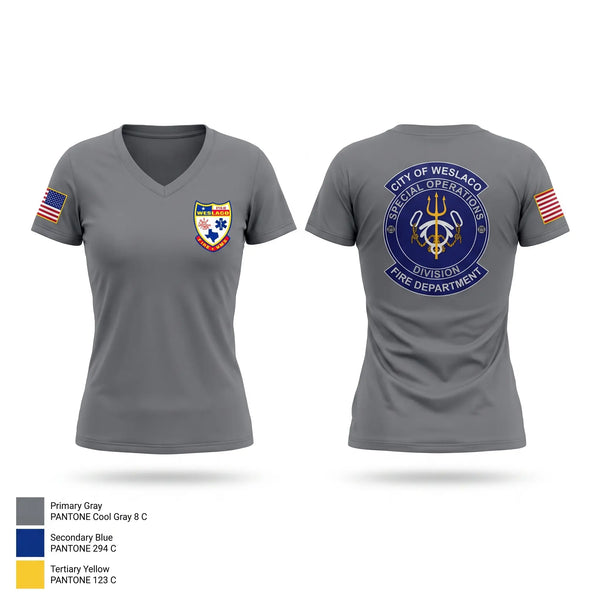 Womens Short Sleeve Vneck Shirt, Weslaco Fire Department, Fire Department, Teamtime, Team time, sublimation, custom sports apparel, team uniforms, spirit wear, spiritwear, sports uniforms, custom shirts, team store, custom team store, fundraiser sports, apparel fundraiser