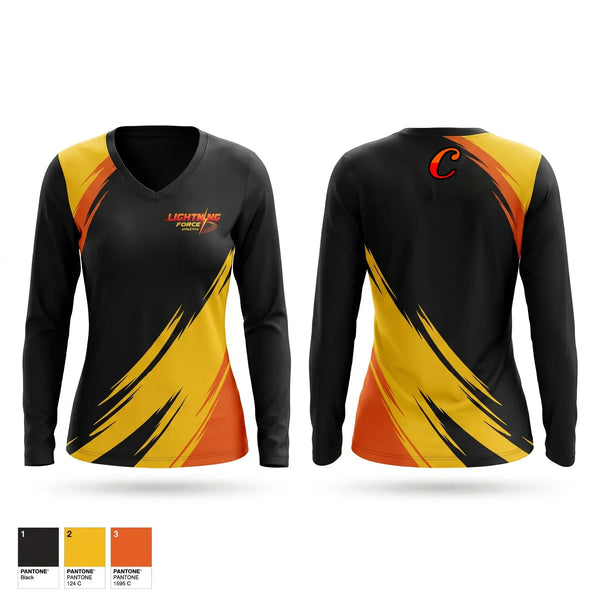 Womens Long Sleeve Vneck Shirt, Lightning Force Athletics, Track & Field, Teamtime, Team time, sublimation, custom sports apparel, team uniforms, spirit wear, spiritwear, sports uniforms, custom shirts, team store, custom team store, fundraiser sports, apparel fundraiser