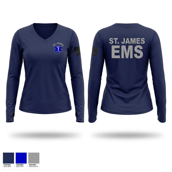 Womens Long Sleeve Vneck Shirt, St. James EMS, EMS/EMT, Teamtime, Team time, sublimation, custom sports apparel, team uniforms, spirit wear, spiritwear, sports uniforms, custom shirts, team store, custom team store, fundraiser sports, apparel fundraiser