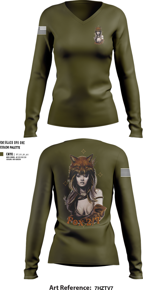 Womens Long Sleeve Vneck Shirt, Fox 2/7, Marines, Teamtime, Team time, sublimation, custom sports apparel, team uniforms, spirit wear, spiritwear, sports uniforms, custom shirts, team store, custom team store, fundraiser sports, apparel fundraiser