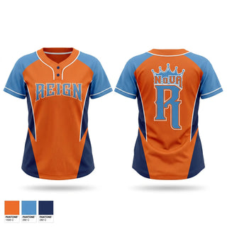 Two Button Softball Jersey, NoVA Reign Fastipitch, Softball, Teamtime, Team time, sublimation, custom sports apparel, team uniforms, spirit wear, spiritwear, sports uniforms, custom shirts, team store, custom team store, fundraiser sports, apparel fundraiser