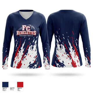 Womens Long Sleeve Vneck Shirt, Franklin County Rebelettes, Women's Basketball, Teamtime, Team time, sublimation, custom sports apparel, team uniforms, spirit wear, spiritwear, sports uniforms, custom shirts, team store, custom team store, fundraiser sports, apparel fundraiser