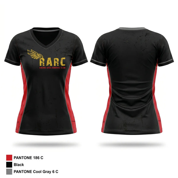 Womens Short Sleeve Vneck Shirt, Racine Area Running Club, Spirit Store, Teamtime, Team time, sublimation, custom sports apparel, team uniforms, spirit wear, spiritwear, sports uniforms, custom shirts, team store, custom team store, fundraiser sports, apparel fundraiser