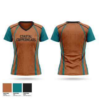 Womens Short Sleeve Vneck Shirt, Coastal Copperheads, Baseball, Teamtime, Team time, sublimation, custom sports apparel, team uniforms, spirit wear, spiritwear, sports uniforms, custom shirts, team store, custom team store, fundraiser sports, apparel fundraiser