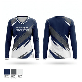 Womens Long Sleeve Vneck Shirt, Watchung Hills Lady Warriors, Softball, Teamtime, Team time, sublimation, custom sports apparel, team uniforms, spirit wear, spiritwear, sports uniforms, custom shirts, team store, custom team store, fundraiser sports, apparel fundraiser