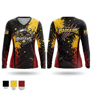 Womens Long Sleeve Vneck Shirt, Honey Badgers, Baseball, Teamtime, Team time, sublimation, custom sports apparel, team uniforms, spirit wear, spiritwear, sports uniforms, custom shirts, team store, custom team store, fundraiser sports, apparel fundraiser