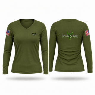 Womens Long Sleeve Vneck Shirt, HHB 160th DET 1 Demon Slayer, National Guard, Teamtime, Team time, sublimation, custom sports apparel, team uniforms, spirit wear, spiritwear, sports uniforms, custom shirts, team store, custom team store, fundraiser sports, apparel fundraiser