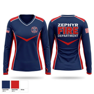Womens Long Sleeve Vneck Shirt, Zephyr Volunteer Fire Department, Fire Department, Teamtime, Team time, sublimation, custom sports apparel, team uniforms, spirit wear, spiritwear, sports uniforms, custom shirts, team store, custom team store, fundraiser sports, apparel fundraiser