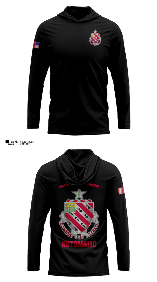 Long Sleeve hooded sunshirt, 1/8 Field Artillery Regiment, Army, Teamtime, Team time, sublimation, custom sports apparel, team uniforms, spirit wear, spiritwear, sports uniforms, custom shirts, team store, custom team store, fundraiser sports, apparel fundraiser