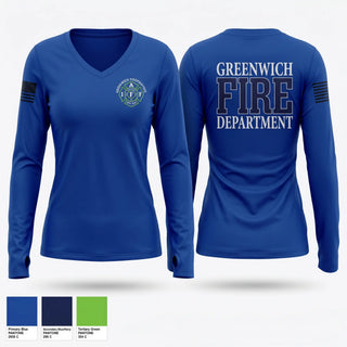 Womens Long Sleeve Vneck Shirt, Greenwich Fire Local 1042, Fire Department, Teamtime, Team time, sublimation, custom sports apparel, team uniforms, spirit wear, spiritwear, sports uniforms, custom shirts, team store, custom team store, fundraiser sports, apparel fundraiser
