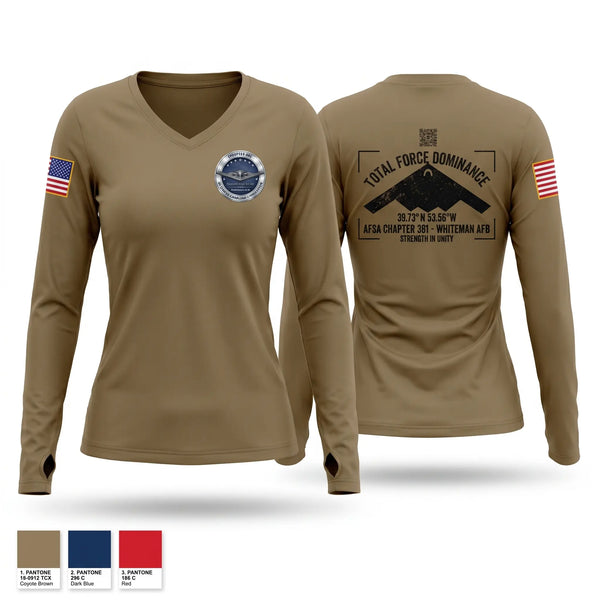Womens Long Sleeve Vneck Shirt, AFSA CHAPTER 881, Air Force, Teamtime, Team time, sublimation, custom sports apparel, team uniforms, spirit wear, spiritwear, sports uniforms, custom shirts, team store, custom team store, fundraiser sports, apparel fundraiser
