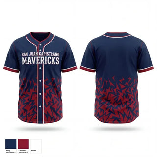 Full Button Baseball Jersey, San Juan Capistrano Mavericks, Baseball, Teamtime, Team time, sublimation, custom sports apparel, team uniforms, spirit wear, spiritwear, sports uniforms, custom shirts, team store, custom team store, fundraiser sports, apparel fundraiser