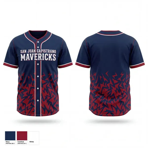 Full Button Baseball Jersey, San Juan Capistrano Mavericks, Baseball, Teamtime, Team time, sublimation, custom sports apparel, team uniforms, spirit wear, spiritwear, sports uniforms, custom shirts, team store, custom team store, fundraiser sports, apparel fundraiser