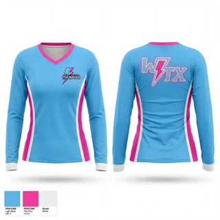 Womens Long Sleeve Vneck Shirt, West Texas Thunder, Softball, Teamtime, Team time, sublimation, custom sports apparel, team uniforms, spirit wear, spiritwear, sports uniforms, custom shirts, team store, custom team store, fundraiser sports, apparel fundraiser