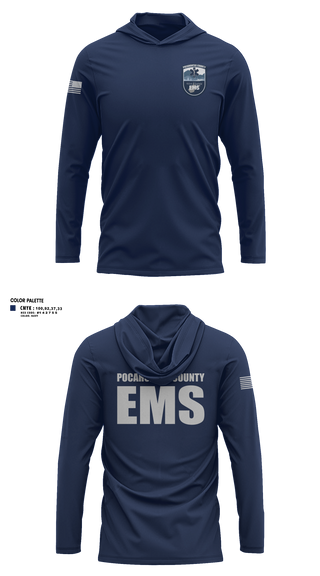 Long Sleeve Performance Shirt with hood, Pocahontas County EMS, EMS/EMT, Teamtime, Team time, sublimation, custom sports apparel, team uniforms, spirit wear, spiritwear, sports uniforms, custom shirts, team store, custom team store, fundraiser sports, apparel fundraiser