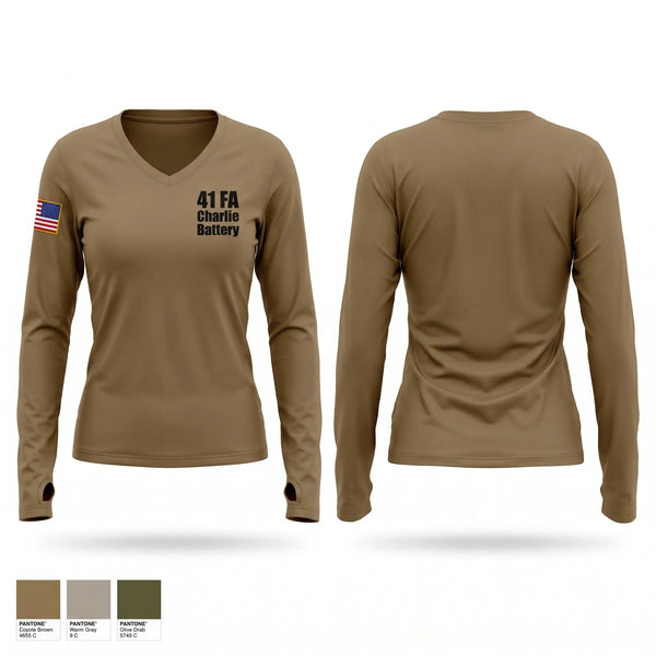 Womens Long Sleeve Vneck Shirt, 4-1 FA Charlie Battery, Army, Teamtime, Team time, sublimation, custom sports apparel, team uniforms, spirit wear, spiritwear, sports uniforms, custom shirts, team store, custom team store, fundraiser sports, apparel fundraiser