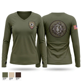 Womens Long Sleeve Vneck Shirt, Fort Peck Tribal Fish & Game, Space Force, Teamtime, Team time, sublimation, custom sports apparel, team uniforms, spirit wear, spiritwear, sports uniforms, custom shirts, team store, custom team store, fundraiser sports, apparel fundraiser
