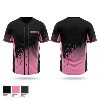Full Button Baseball Jersey, BOMBERS, Baseball, Teamtime, Team time, sublimation, custom sports apparel, team uniforms, spirit wear, spiritwear, sports uniforms, custom shirts, team store, custom team store, fundraiser sports, apparel fundraiser