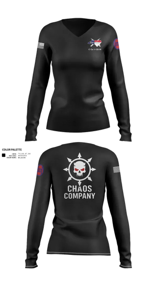Womens Long Sleeve Vneck Shirt, C. Co. 1-120 3rd PLT, Army, Teamtime, Team time, sublimation, custom sports apparel, team uniforms, spirit wear, spiritwear, sports uniforms, custom shirts, team store, custom team store, fundraiser sports, apparel fundraiser