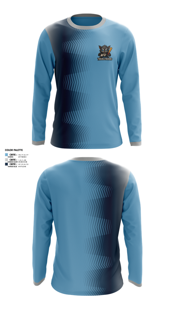 Long Sleeve Performance Shirt, Troublemakers, Baseball, Teamtime, Team time, sublimation, custom sports apparel, team uniforms, spirit wear, spiritwear, sports uniforms, custom shirts, team store, custom team store, fundraiser sports, apparel fundraiser
