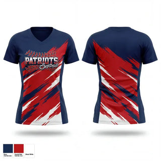 Womens Short Sleeve Vneck Shirt, PATRIOTS, Softball, Teamtime, Team time, sublimation, custom sports apparel, team uniforms, spirit wear, spiritwear, sports uniforms, custom shirts, team store, custom team store, fundraiser sports, apparel fundraiser