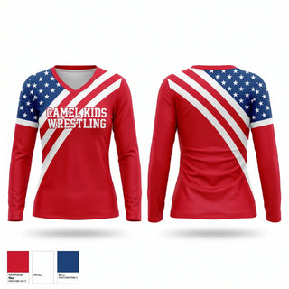 Womens Long Sleeve Vneck Shirt, Camel Kids Wrestling, Wrestling, Teamtime, Team time, sublimation, custom sports apparel, team uniforms, spirit wear, spiritwear, sports uniforms, custom shirts, team store, custom team store, fundraiser sports, apparel fundraiser
