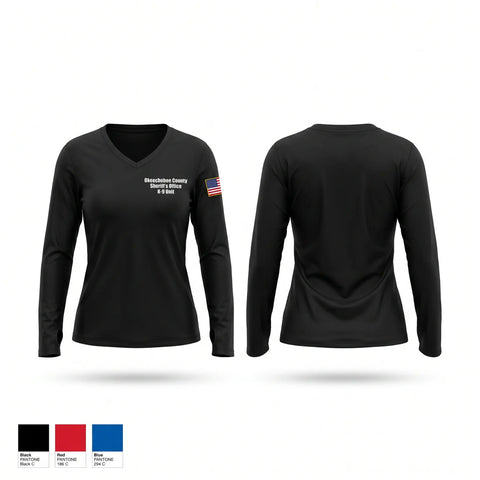 Womens Long Sleeve Vneck Shirt, Okeechobee County Sheriff’s Office K9 Unit, Police, Teamtime, Team time, sublimation, custom sports apparel, team uniforms, spirit wear, spiritwear, sports uniforms, custom shirts, team store, custom team store, fundraiser sports, apparel fundraiser