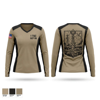 Womens Long Sleeve Vneck Shirt, 1 TSC OCP G6, Army, Teamtime, Team time, sublimation, custom sports apparel, team uniforms, spirit wear, spiritwear, sports uniforms, custom shirts, team store, custom team store, fundraiser sports, apparel fundraiser