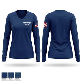 Womens Long Sleeve Vneck Shirt, Petersburgh Rescue, EMS/EMT, Teamtime, Team time, sublimation, custom sports apparel, team uniforms, spirit wear, spiritwear, sports uniforms, custom shirts, team store, custom team store, fundraiser sports, apparel fundraiser