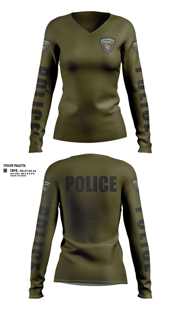 Womens Long Sleeve Vneck Shirt, Ohkay Owingeh Police Department, Police, Teamtime, Team time, sublimation, custom sports apparel, team uniforms, spirit wear, spiritwear, sports uniforms, custom shirts, team store, custom team store, fundraiser sports, apparel fundraiser