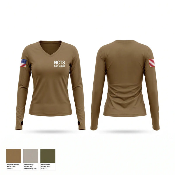 Womens Long Sleeve Vneck Shirt, NCTS San Diego, Navy, Teamtime, Team time, sublimation, custom sports apparel, team uniforms, spirit wear, spiritwear, sports uniforms, custom shirts, team store, custom team store, fundraiser sports, apparel fundraiser