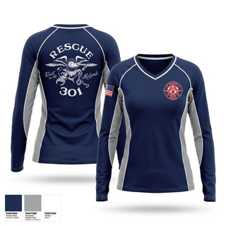 Womens Long Sleeve Vneck Shirt, Rescue 301, Fire Department, Teamtime, Team time, sublimation, custom sports apparel, team uniforms, spirit wear, spiritwear, sports uniforms, custom shirts, team store, custom team store, fundraiser sports, apparel fundraiser