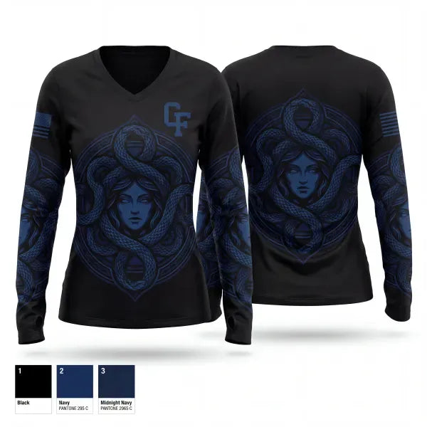 Womens Long Sleeve Vneck Shirt, CF, Navy, Teamtime, Team time, sublimation, custom sports apparel, team uniforms, spirit wear, spiritwear, sports uniforms, custom shirts, team store, custom team store, fundraiser sports, apparel fundraiser