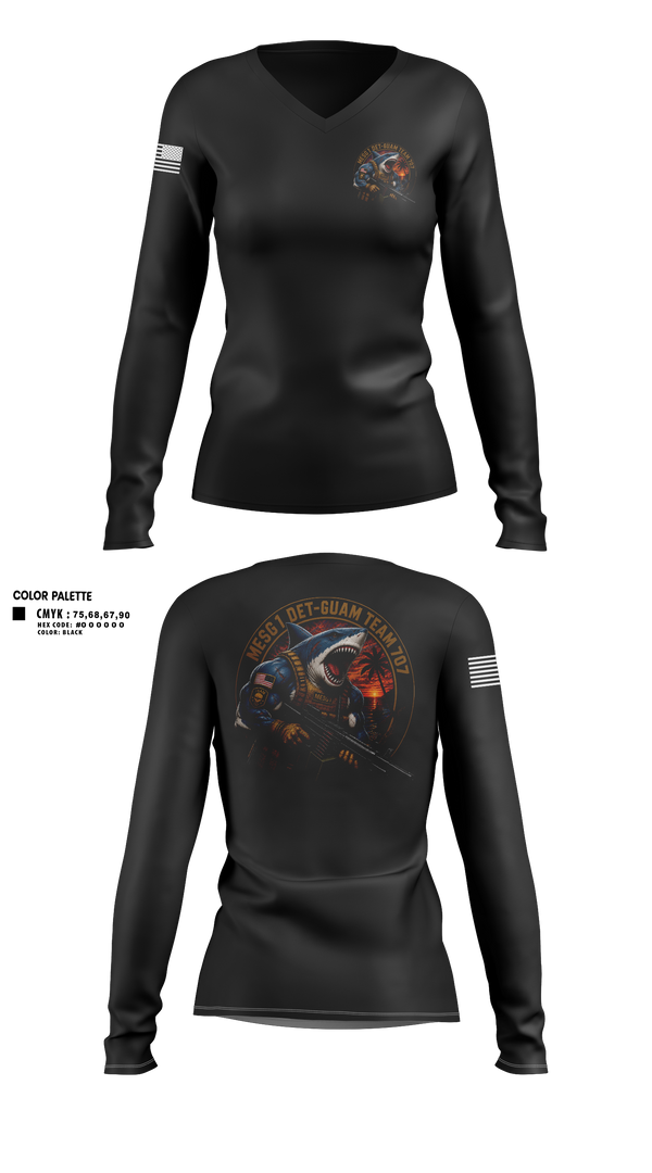 Womens Long Sleeve Vneck Shirt, MESG-1 DET GUAM TEAM 707, Navy, Teamtime, Team time, sublimation, custom sports apparel, team uniforms, spirit wear, spiritwear, sports uniforms, custom shirts, team store, custom team store, fundraiser sports, apparel fundraiser